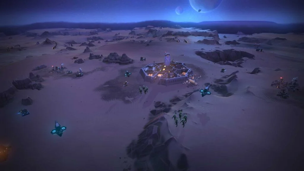 Screenshot of Arrakeen at night, from the strategy video game 'Dune: Spice Wars'.