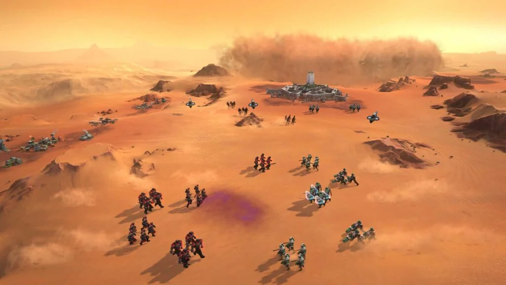 Screenshot of Atreides and Harkonnen soldiers battling outside of Arrakeen, in 'Dune: Spice Wars', an upcoming real-time strategy game by Funcom and Shiro Games.