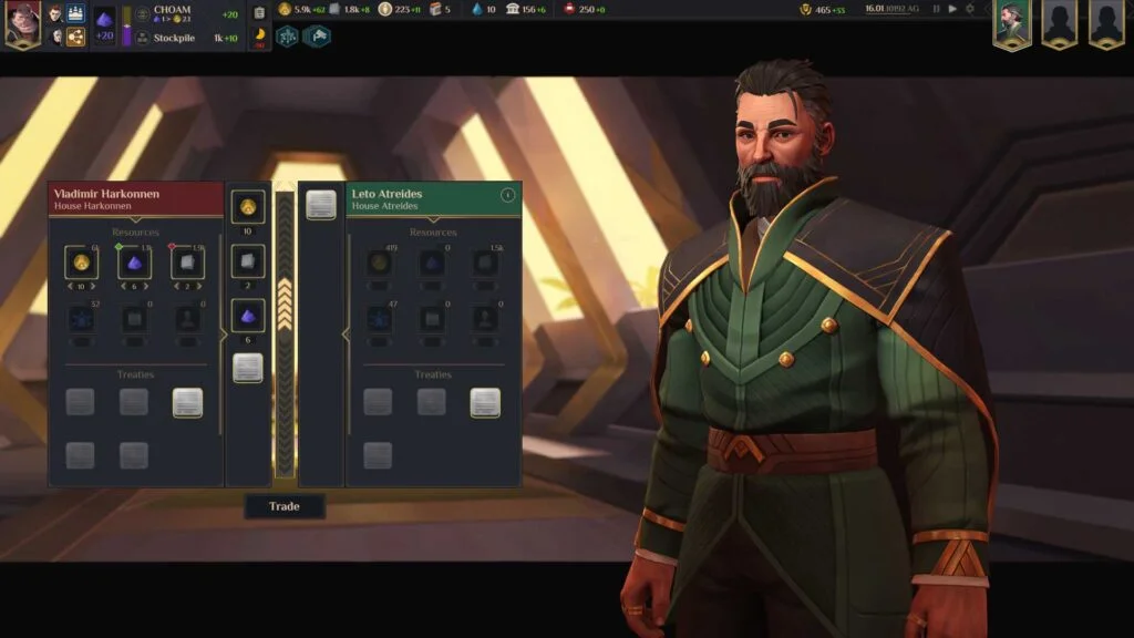 Screenshot of Duke Leto Atreides in 'Dune: Spice Wars', showcasing the strategy video game's diplomacy aspect.