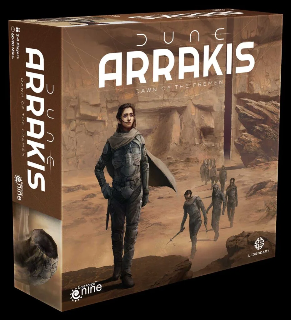 Box cover from the 'Arrakis: Dawn of the Fremen' board game, with artwork depicting the Fremen and sandworms of Dune.