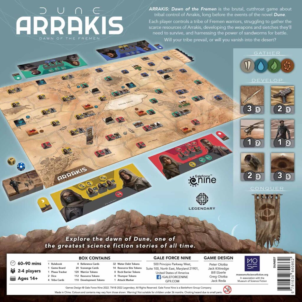 Rear of the 'Arrakis: Dawn of the Fremen' board game box. Gale Force Nine's brand-new board game releases in 2022.