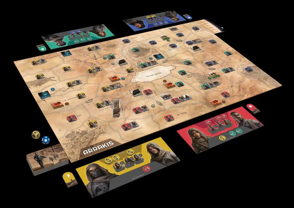 Board and contents of Gale Force Nine's 'Arrakis: Dawn of the Fremen', a 'Dune' board game focused on the challenges of survival on the desert planet.