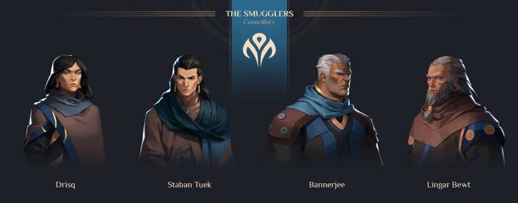 Councilors of the Smugglers faction in Shiro Game's 'Dune: Spice Wars': Drisq, Staban Tuek, Bannerjee, and Lingar Bewt.