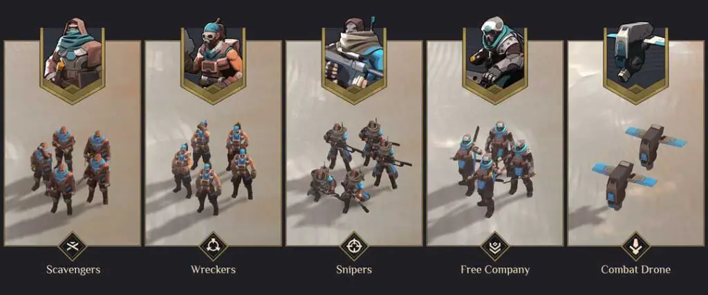Unique military units of the Smugglers faction's in the 'Dune: Spice Wars' strategy video game: Scavengers, Wreckers, Snipers, Free Company, and Combat Drone.