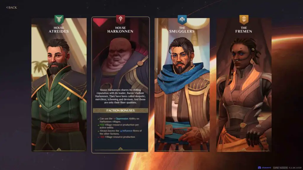 Faction selection screen in the 'Dune: Spice Wars' real-time strategy game. Players can choose to play as House Atreides, House Harkonnen, the Smugglers, or the Fremen,