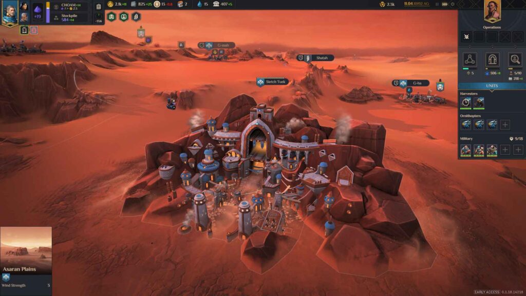 Screenshot of Sietch Tuek, the main base of the Smugglers faction, in the 'Dune: Spice Wars' real-time strategy video game.