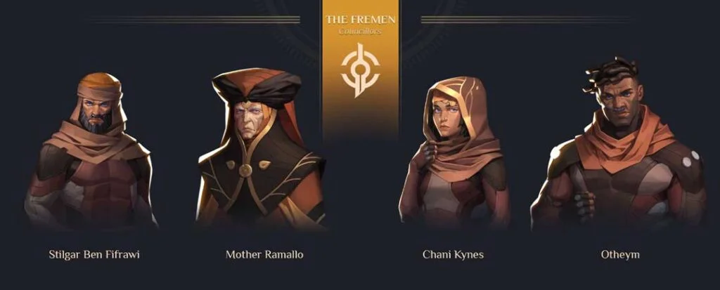 Councilors of the Frmen faction in Shiro Game's 'Dune: Spice Wars': Stilgar Ben Fifrawi, Mother Ramallo, Chani Kynes, and Otheym.