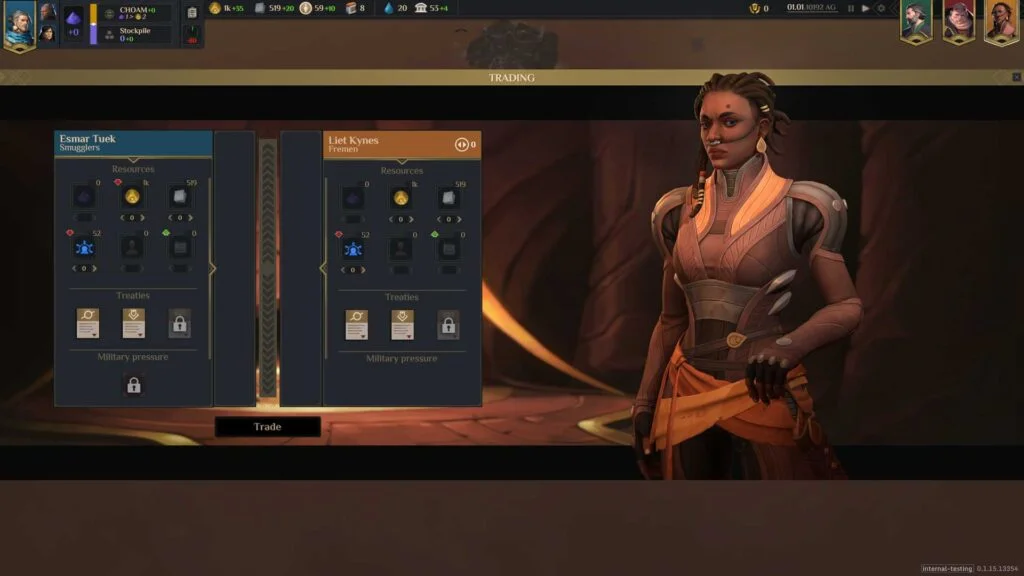 In-game still of Liet Kynes, leader of the Fremen faction, in the 'Dune: Spice Wars' real-time strategy video game.