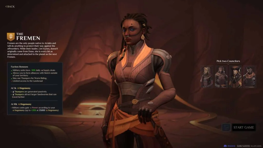 Screenshot of the Fremen overview in 'Dune: Spice Wars', featuring Liet Kynes, the faction's leader.