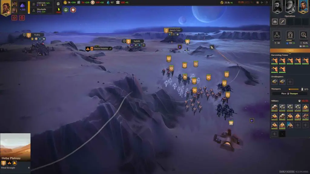 Gameplay screenshot of 'Dune: Spice Wars, showing Fremen troops traveling across the desert at night.