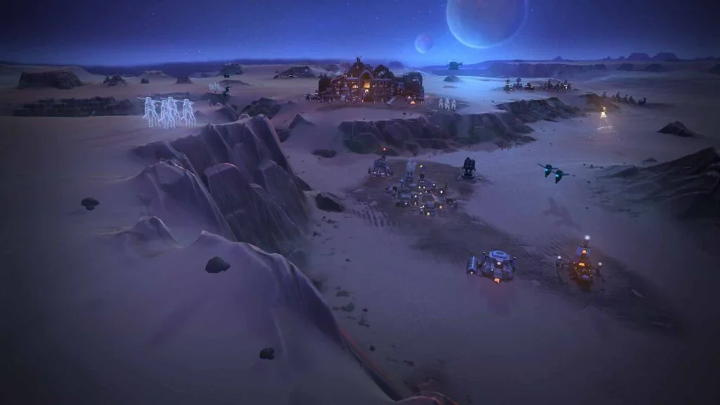 'Dune: Spice Wars' in-game screenshot, featuring a beautiful nighttime view of Arrakis and the Smuggler's base, Sietch Tuek.