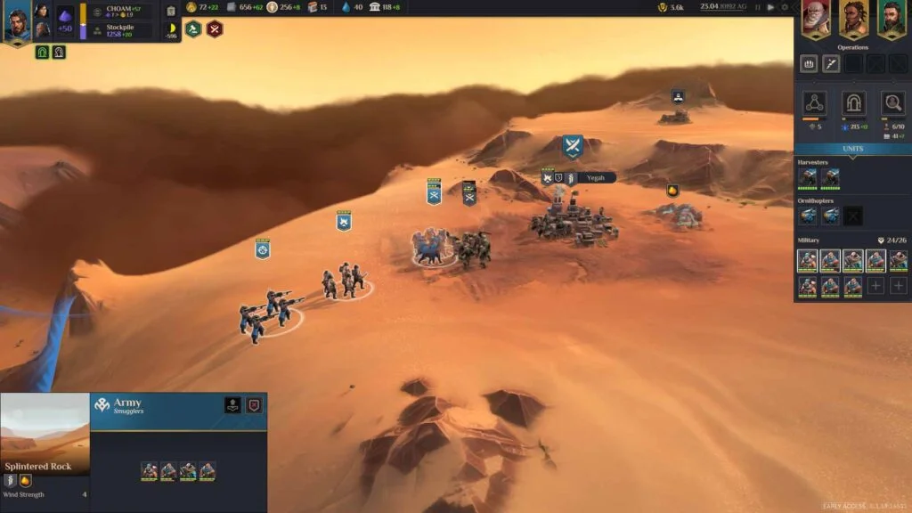 Screenshot of a battle in-progress in 'Dune: Spice Wars', a real-time strategy game from Funcom and Shiro Games. Smugglers attach a village.