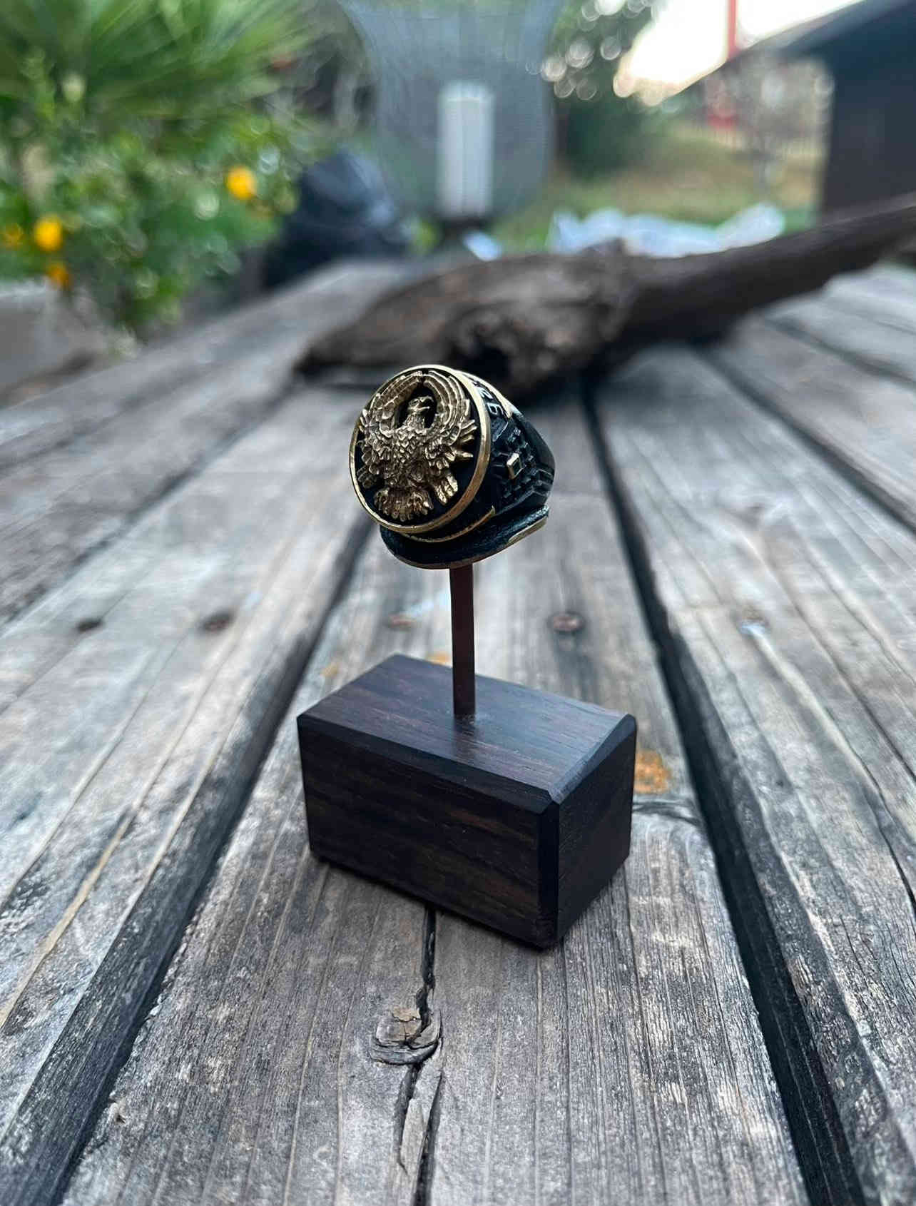 The final Ducal signet ring, as used in 2021's 'Dune' movie, on display.