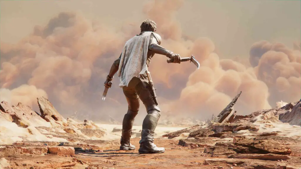 Still image from the 'Dune: Awakening' cinematic trailer. The open world survival MMO takes place on Arrakis.