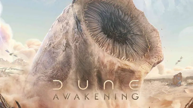 'Dune: Awakening', an open world survival MMO video game by Funcom. Key art featuring sandworm.
