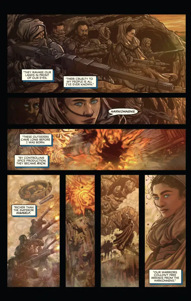 'Dune: The Official Movie Graphic Novel' interior page, featuring the Fremen. Artwork by Drew Johnson and Zid.