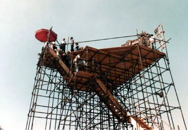 Behind-the-scenes photo of the Arrakeen miniature, on scaffolding, during filming of 'Dune' (1984).
