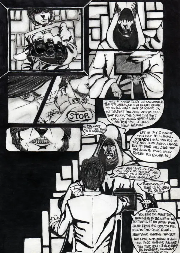 Simon Christian's comic book interpretation of the Gom Jabbar scene, for his fan adaptation. 