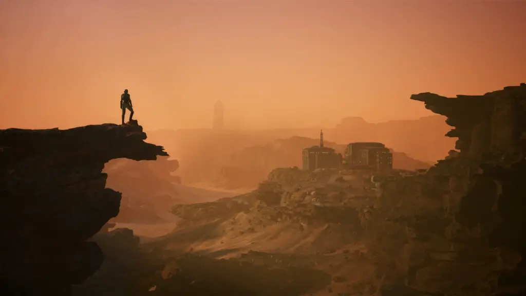 Screenshot from 'Dune: Awakening', Funcom's open world survival MMO, showcasing exploration in an open world setting.