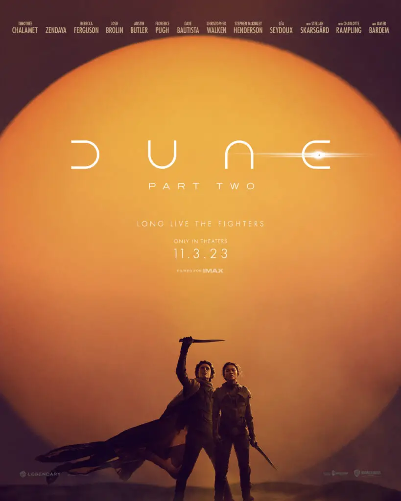 Official movie poster for 'Dune: Part Two' (2023), starring Timothée Chalamet and Zendaya