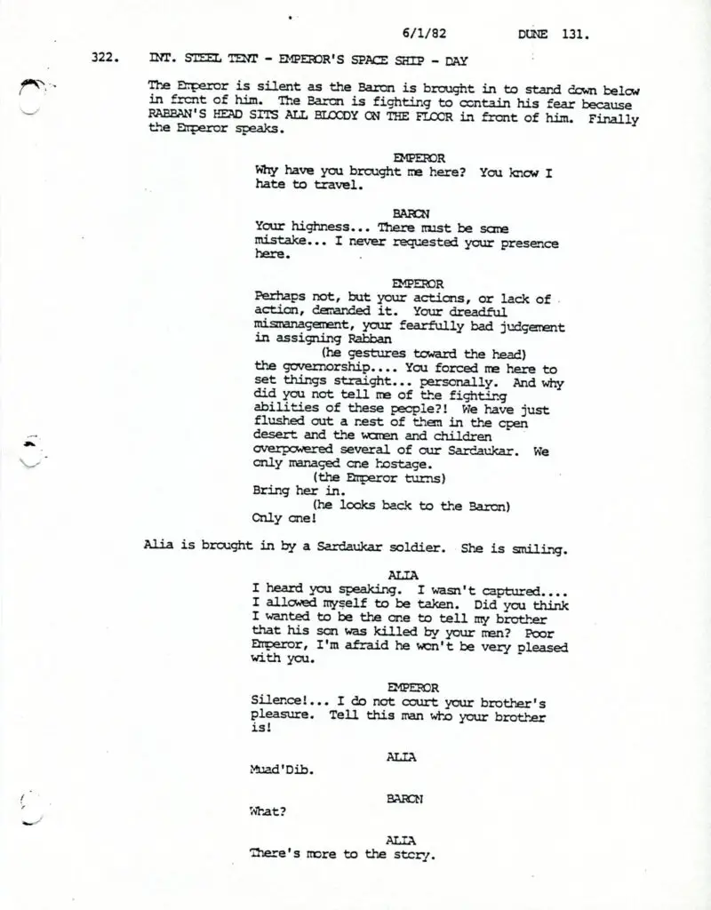 'Dune' movie script by David Lynch (second draft), page 131.