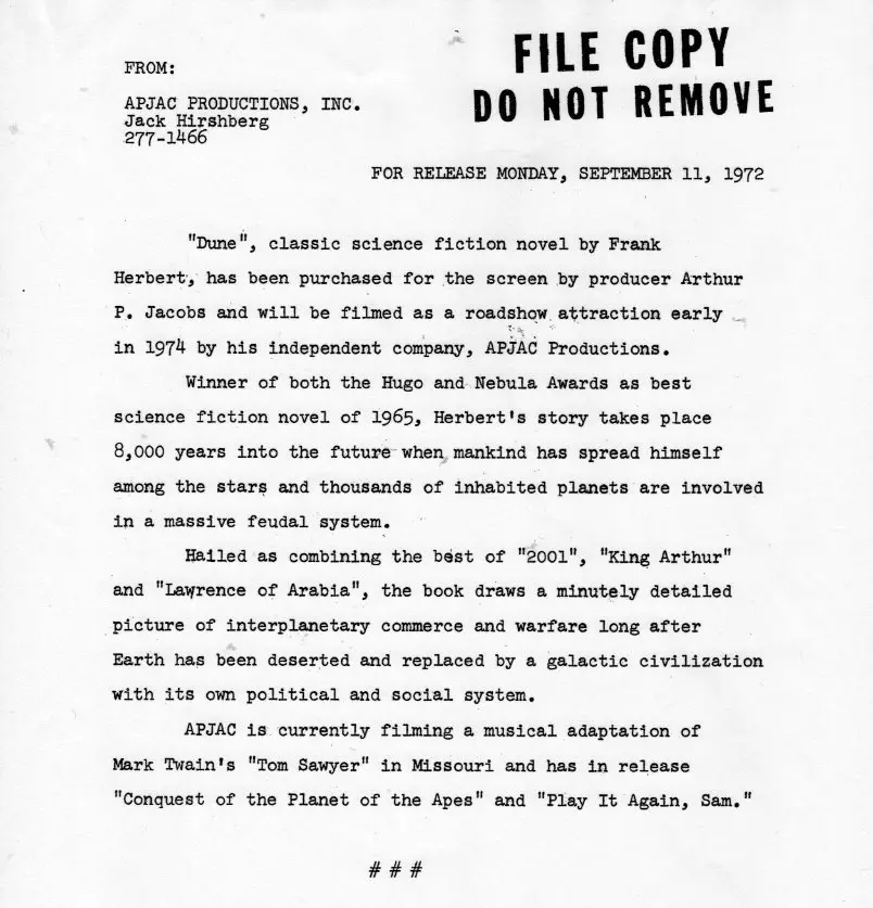 Copy of APJAC Productions' 'Dune' movie press release, from 1972.