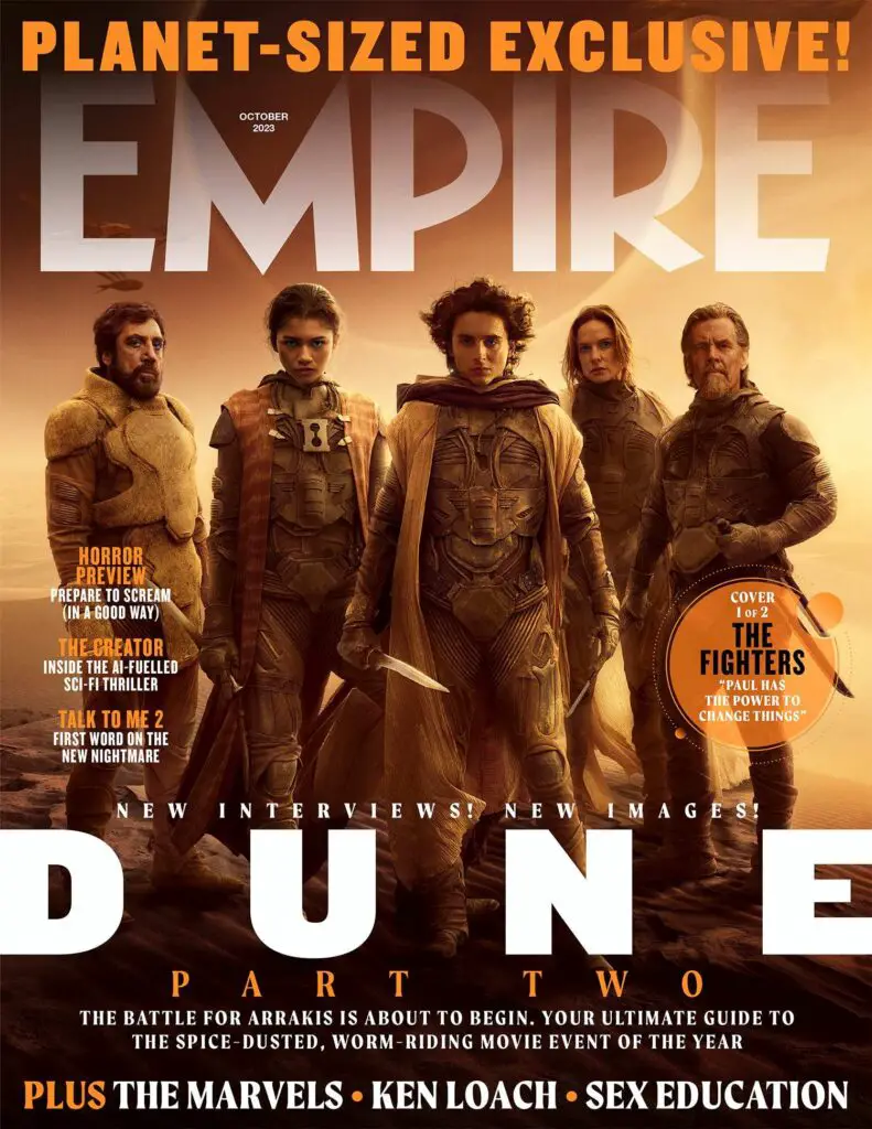 Empire Magazine's October 2023 'Dune' cover 1 (of 2), featuring Timothée Chalamet, Zendaya, Rebecca Ferguson, Javier Bardem, and Josh Brolin.