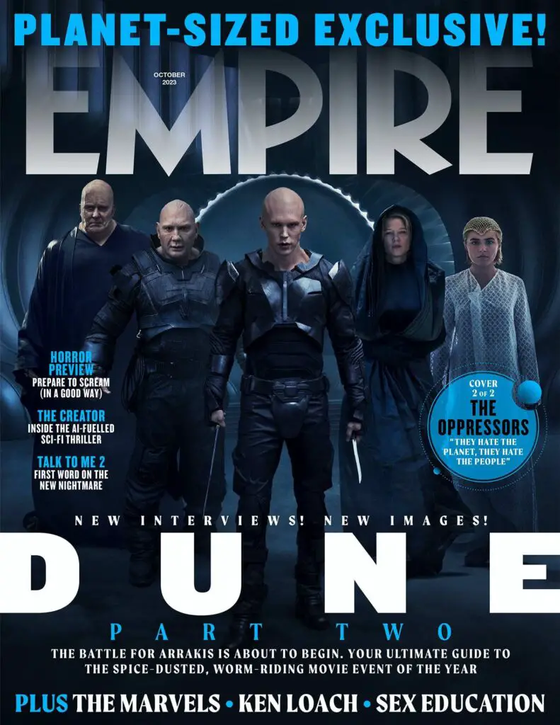 Empire Magazine's October 2023 'Dune' cover 2 (of 2), featuring Austin Butler, Dave Bautista, Stellan Skarsgård, Florence Pugh, and Léa Seydoux.