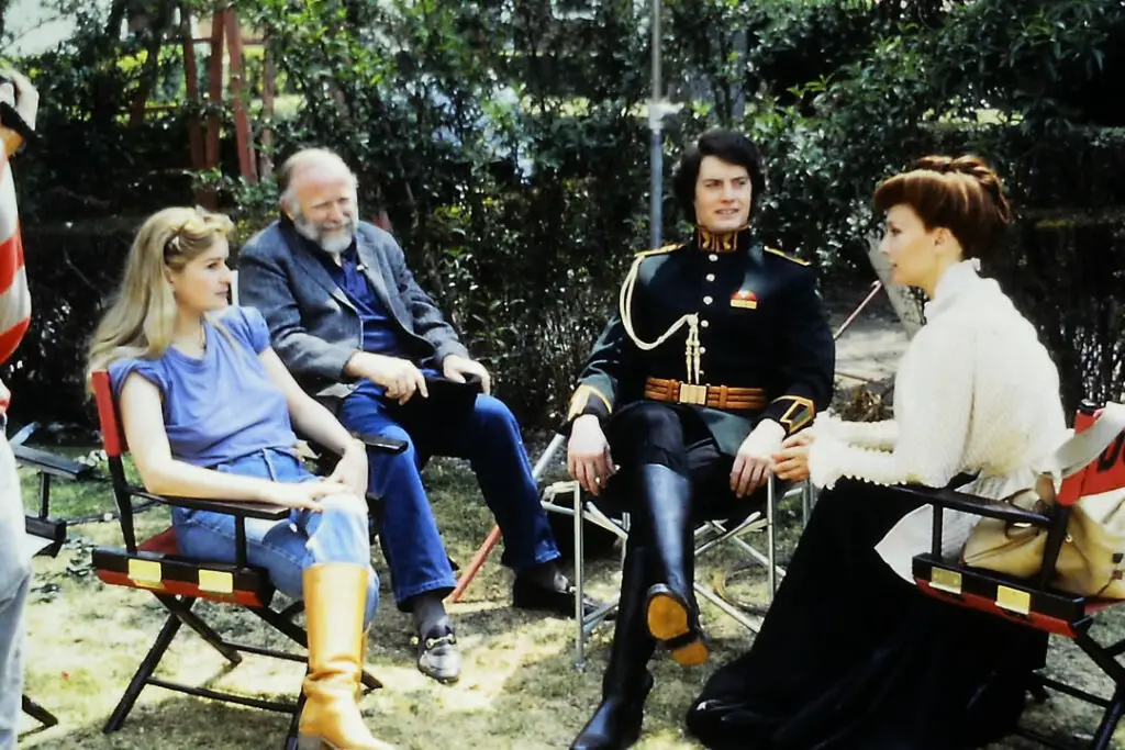 Photo of Raffaella De Laurentiis, Frank Herbert, Kyle MacLachlan and Francesca Annis during production of David Lynch's 'Dune' (1984) movie.