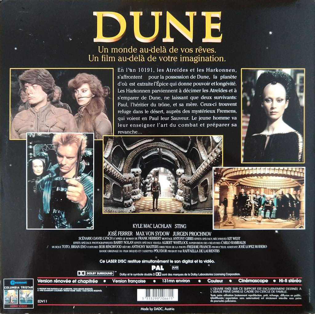 Back cover of David Lynch's 'Dune' movie LaserDisc release, French edition from 1996 (widescreen)