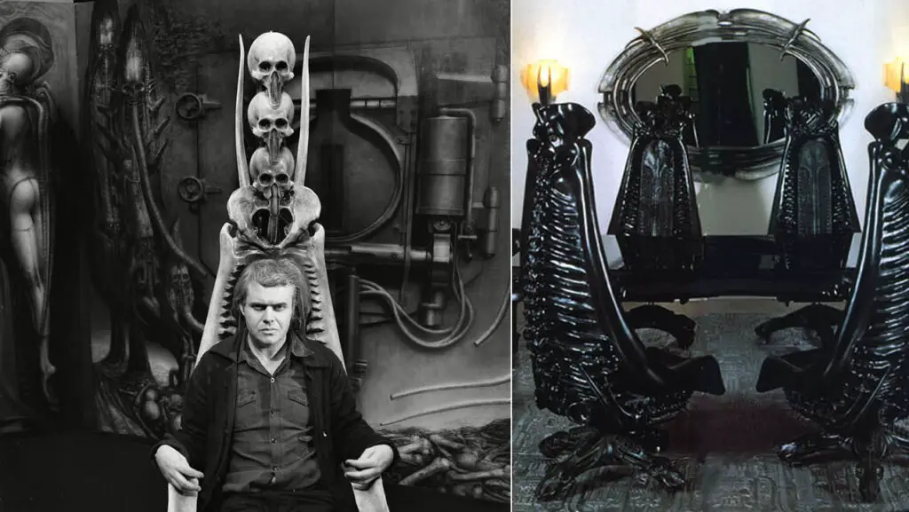 H.R. Giger and his Harkonnen furniture, created for Ridley Scott's 'Dune' movie.