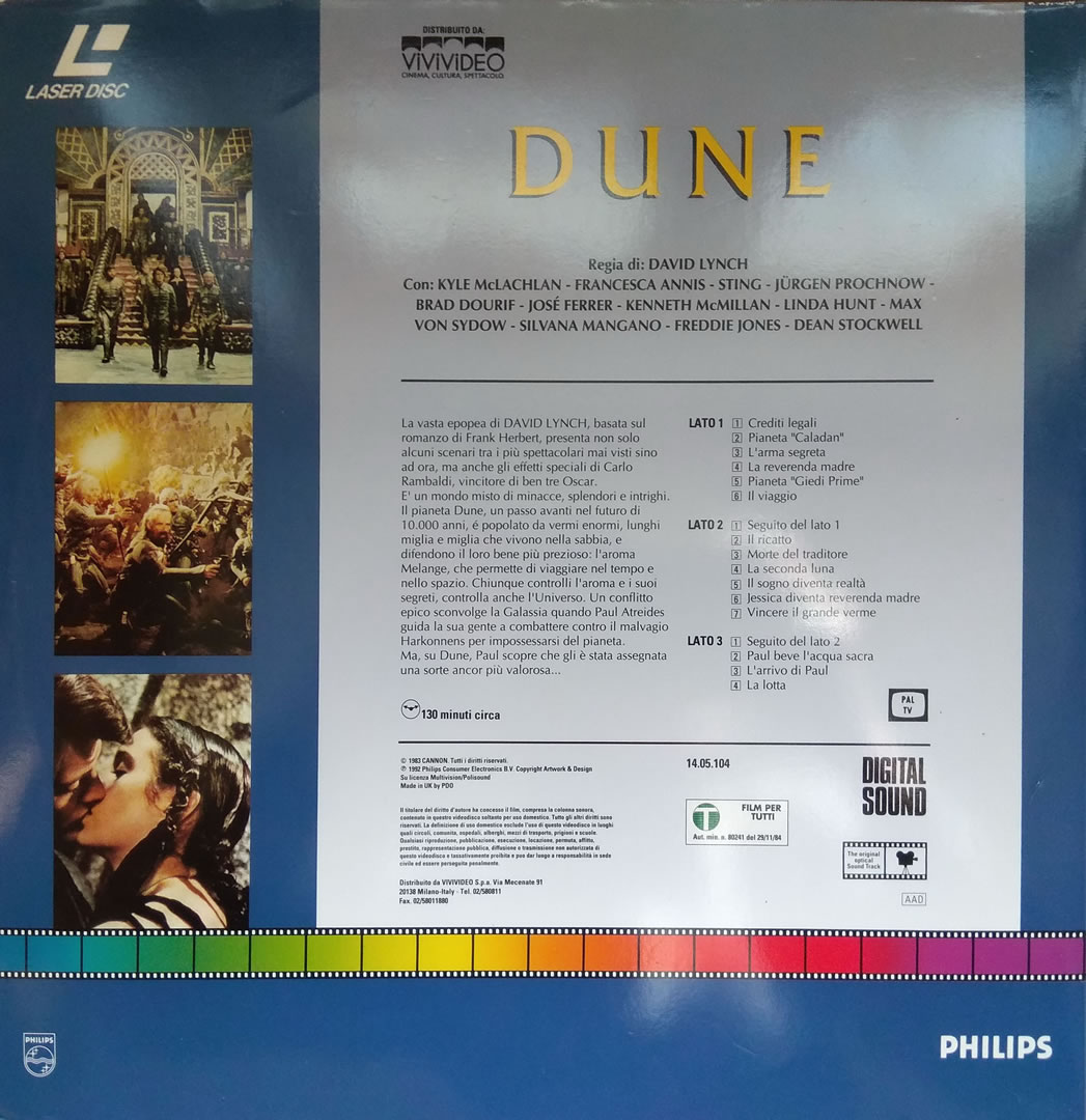 Back cover of David Lynch's 'Dune' movie LaserDisc release, Italian edition.