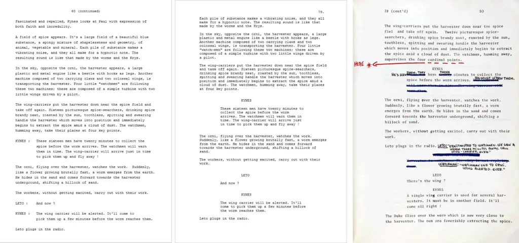The Spice Harvestor Rescue scene, compare across three versions of the script for 'Jodorowsky's' Dune movie.