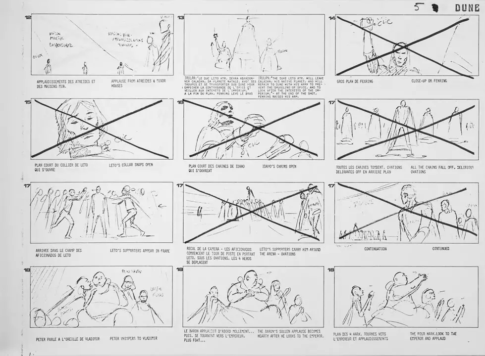 First version of a storyboard from Jodorowsky's 'Dune' movie, with six scenes crossed out.
