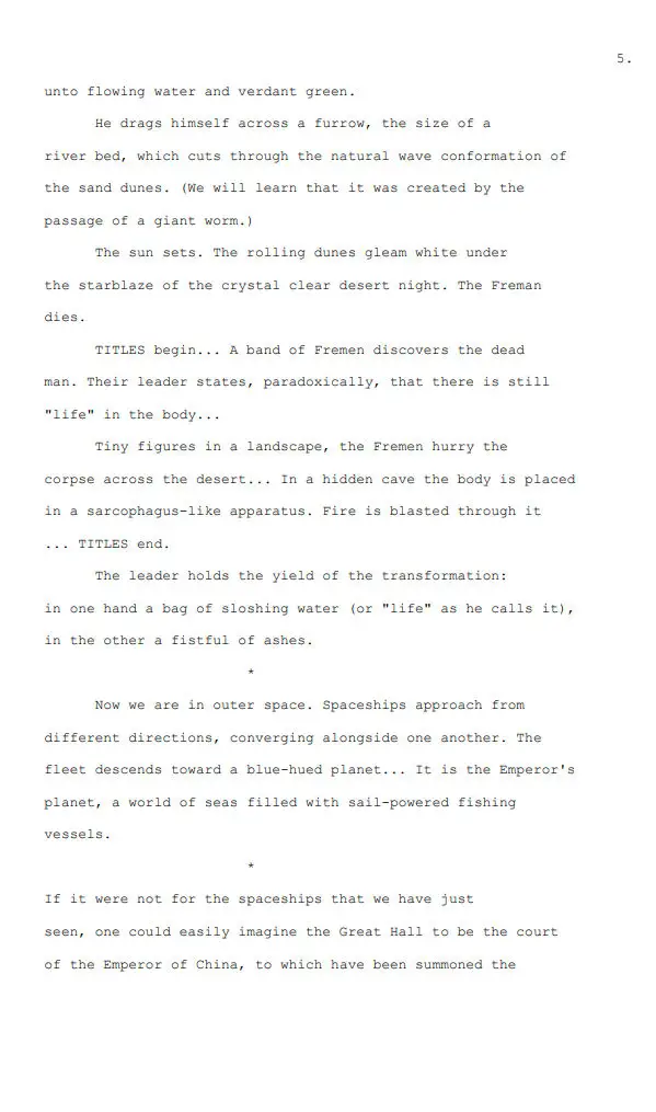 Copy of Rospo Pallenberg's 'Dune' story treatment, page 5.