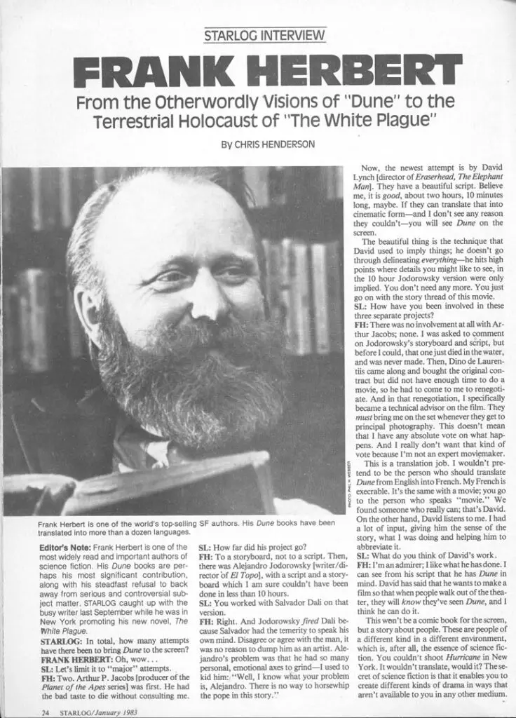Starlog's interview with Frank Herbert, in their January 1983 magazine (#66).