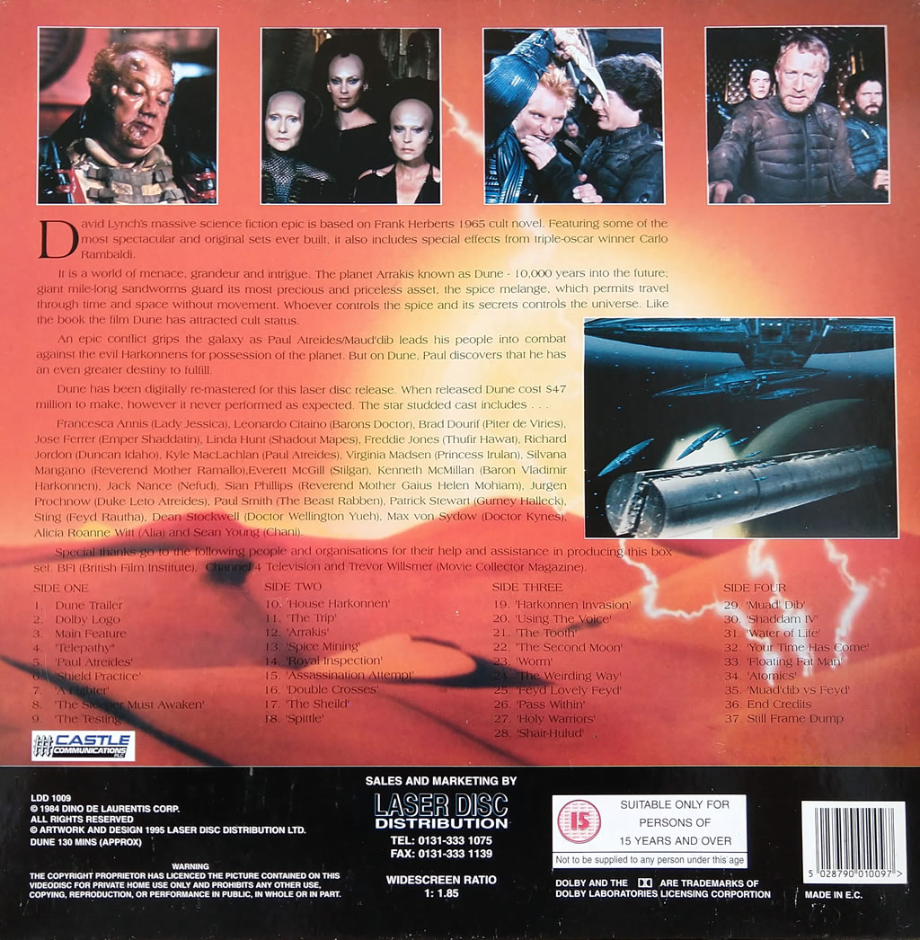 Back cover of David Lynch's 'Dune' movie LaserDisc box set, U.K. edition from 1995 (widescreen).