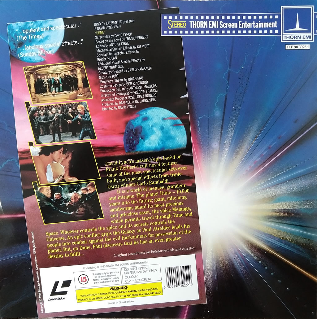 Back cover of David Lynch's 'Dune' movie LaserDisc release, U.K. edition from 1985.