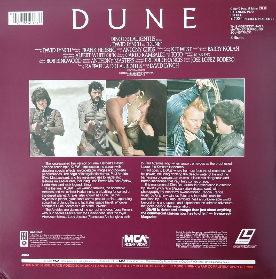 Back cover of David Lynch's 'Dune' movie LaserDisc release, American edition from 1985.