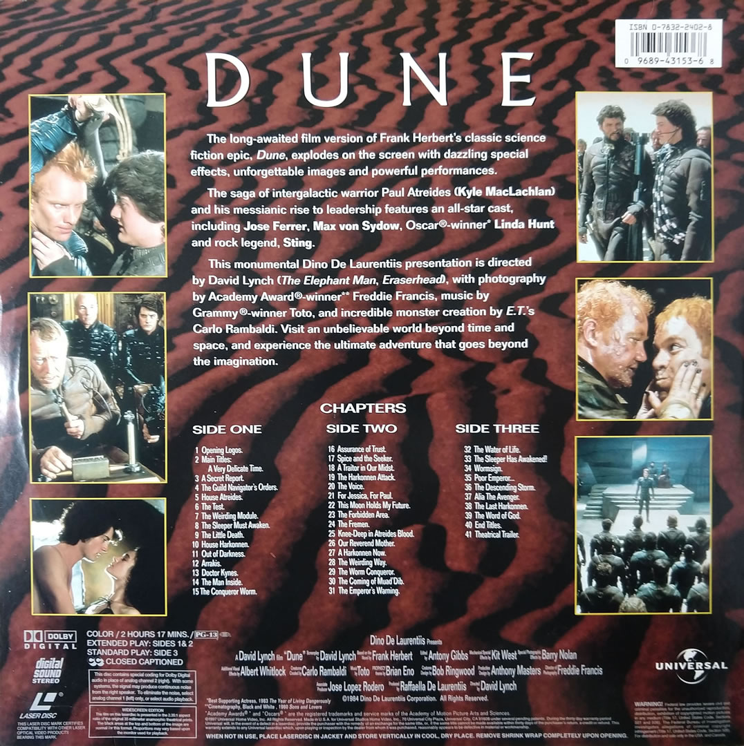 Back cover of David Lynch's 'Dune' movie LaserDisc release, American edition from 1997 (widescreen).