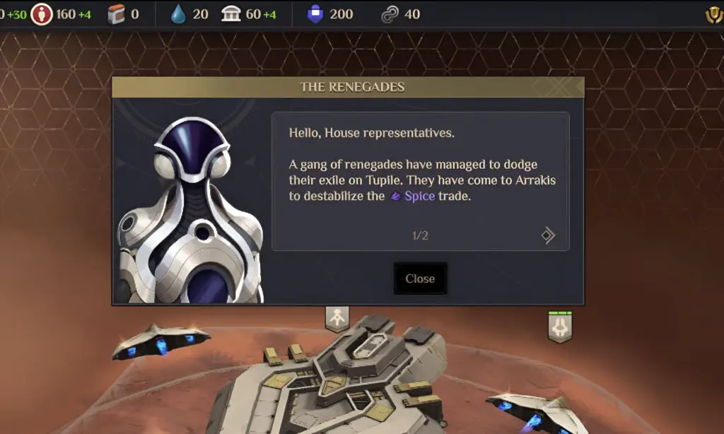 'Dune: Spice Wars' screenshot showing dialog box at the start of a mission.