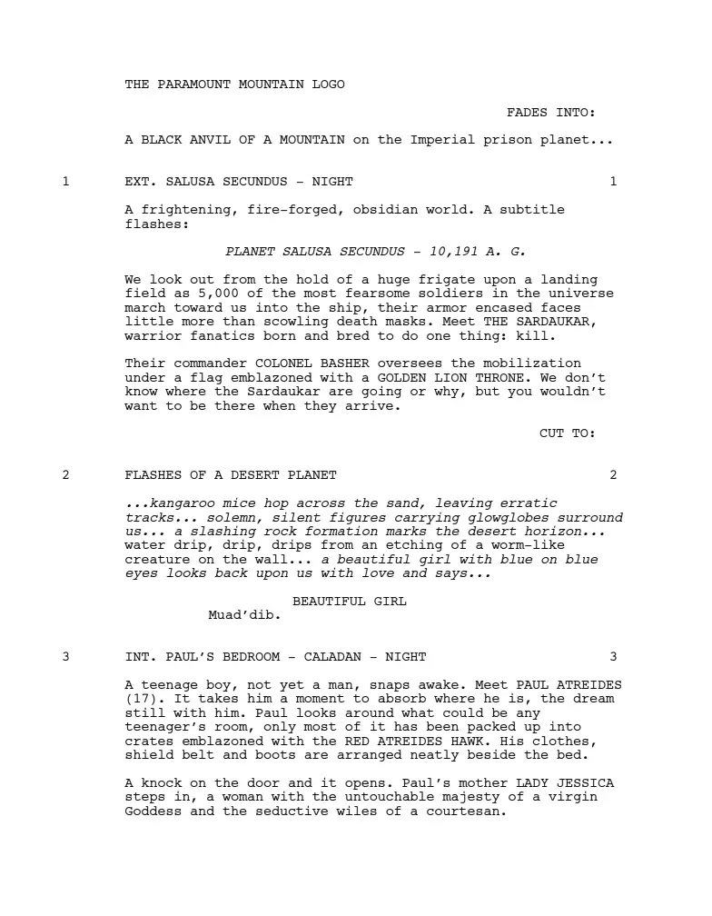 Chase Palmer's 'Dune' movie script, page 1.