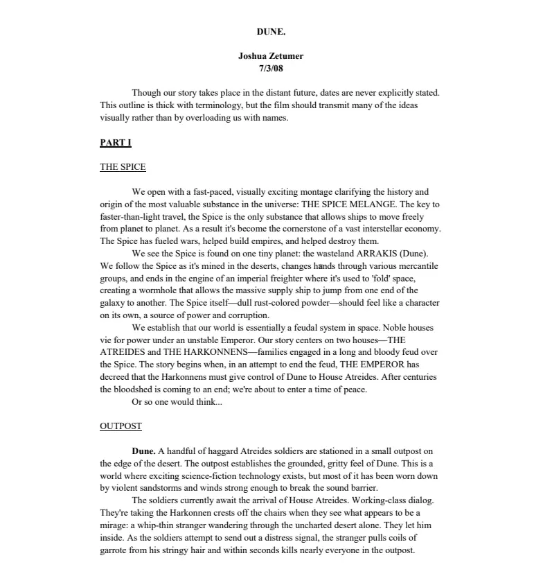 Josh Zetumer's 'Dune' movie script, page 1.