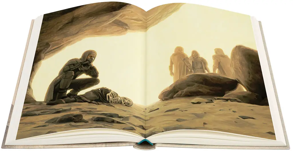 Double-page spread showing Alia investigating human remains in 'Dune Messiah'. Illustration by Hilary Clarcq, from the book's Folio edition.