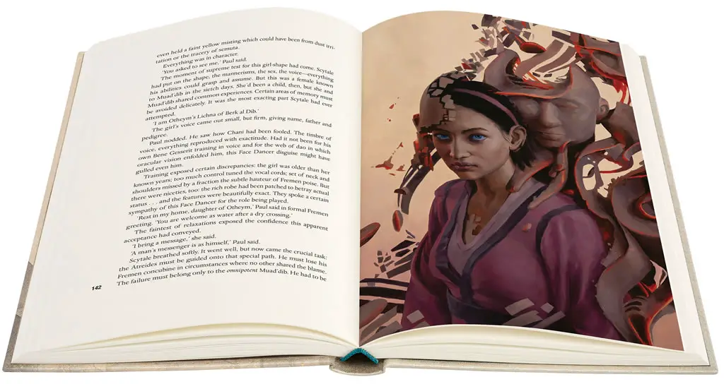 Artwork of a Face Dancer in Frank Herbert's 'Dune Messiah' novel. The Folio Society collector's edition is illustrated by Hilary Clarcq.