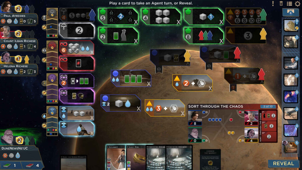 Screenshot of 'Dune: Imperium Digital' gameplay, showcasing solo play against AI opponents.