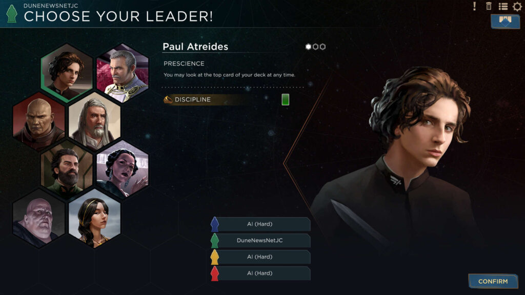 Screenshot of leader selection in 'Dune: Imperium Digital', the digital adaptation of Dire Wolf's tabletop game.
