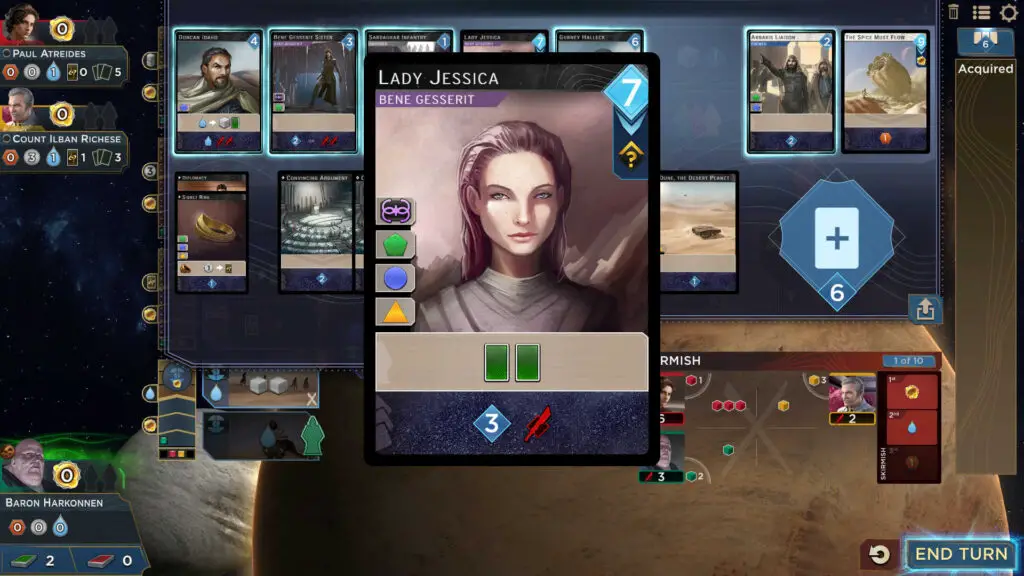 Screenshot of 'Dune: Imperium Digital' board game, featuring Lady Jessica card in the Imperium row.