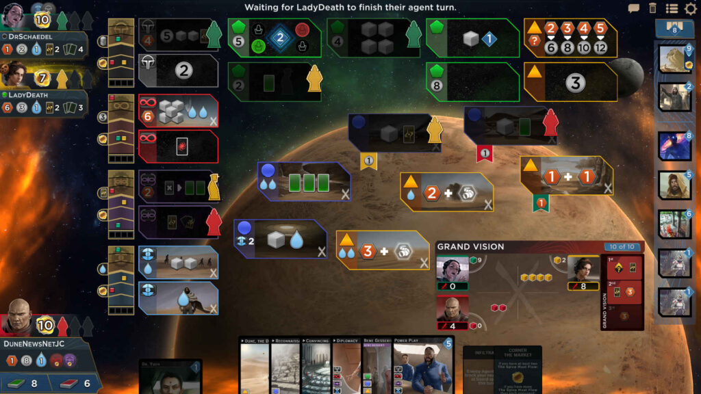 Screenshot of 'Dune: Imperium Digital' gameplay, showcasing three players competing in online play.