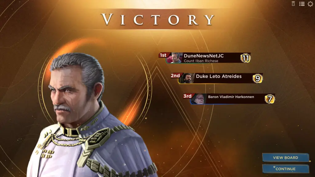 Victory screen in 'Dune: Imperium Digital', Dire Wolf's hybrid board and card game.